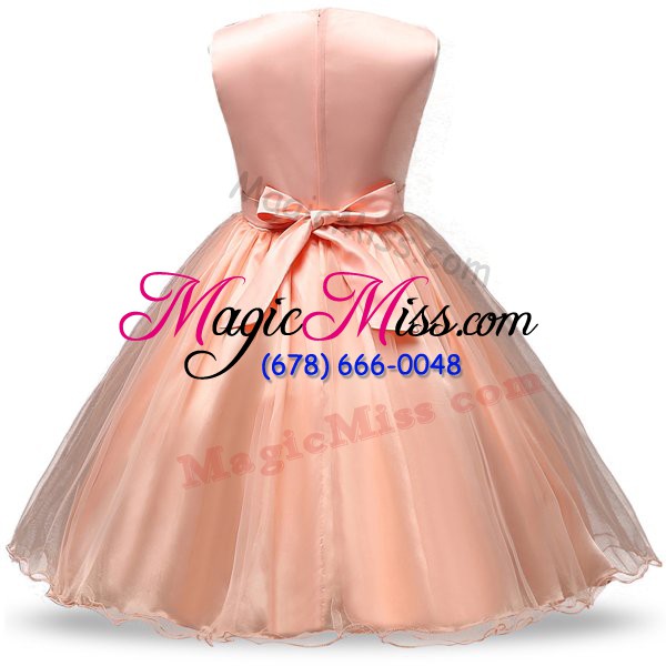 wholesale fine knee length zipper flower girl dresses for less orange red for military ball and sweet 16 and quinceanera with bowknot and belt and hand made flower