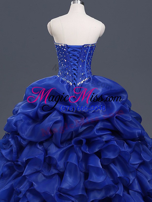 wholesale sexy floor length royal blue quinceanera dresses organza sleeveless beading and ruffles and pick ups