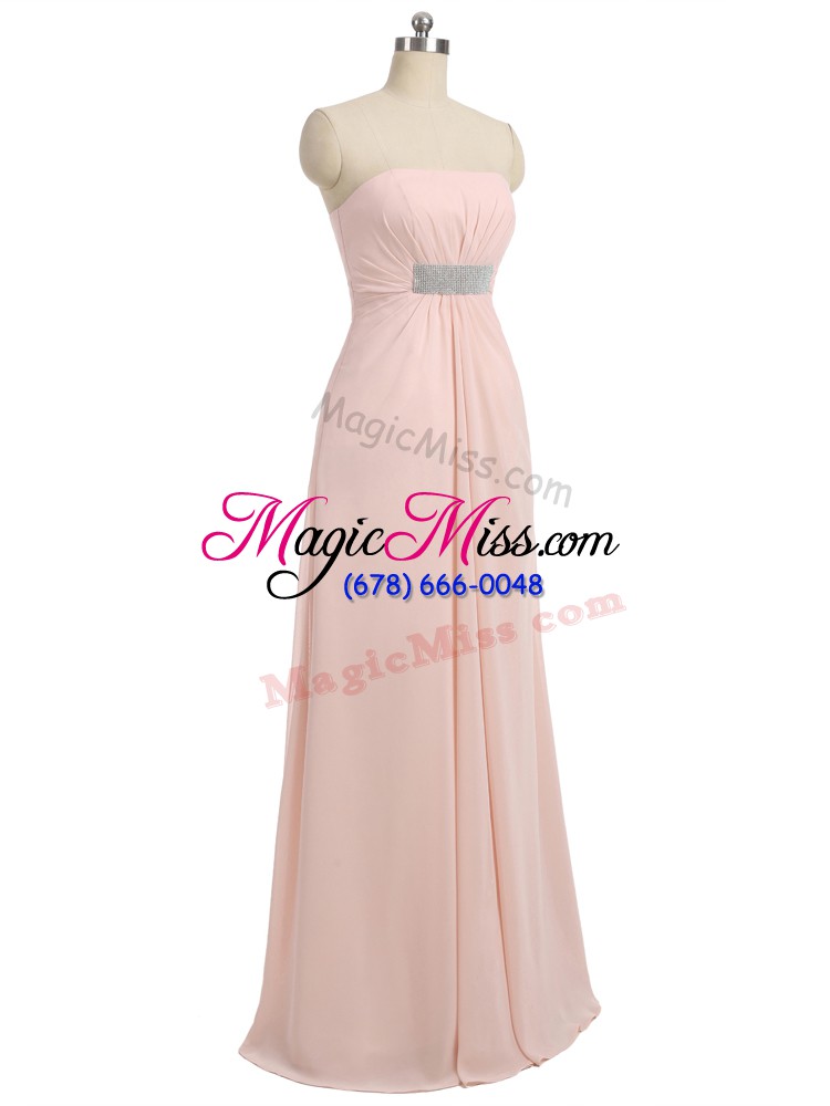 wholesale baby pink chiffon side zipper strapless sleeveless floor length quinceanera dama dress beading