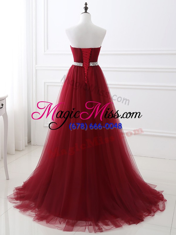wholesale classical wine red lace up sweetheart beading prom dress tulle sleeveless brush train