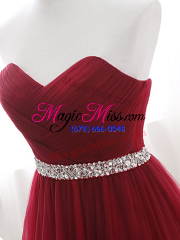 wholesale classical wine red lace up sweetheart beading prom dress tulle sleeveless brush train