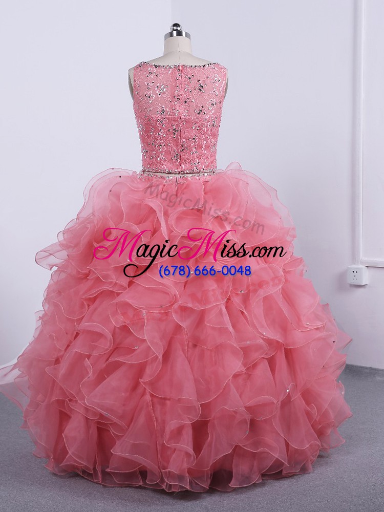 wholesale new style organza scoop sleeveless zipper beading and ruffles sweet 16 quinceanera dress in watermelon red