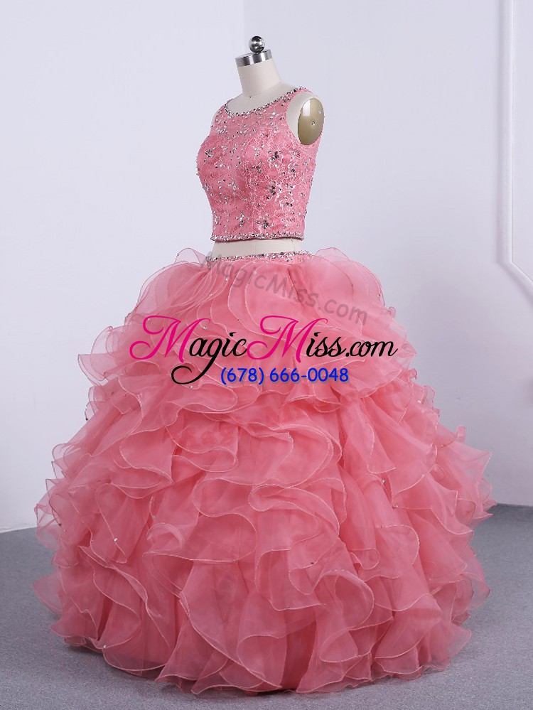 wholesale new style organza scoop sleeveless zipper beading and ruffles sweet 16 quinceanera dress in watermelon red