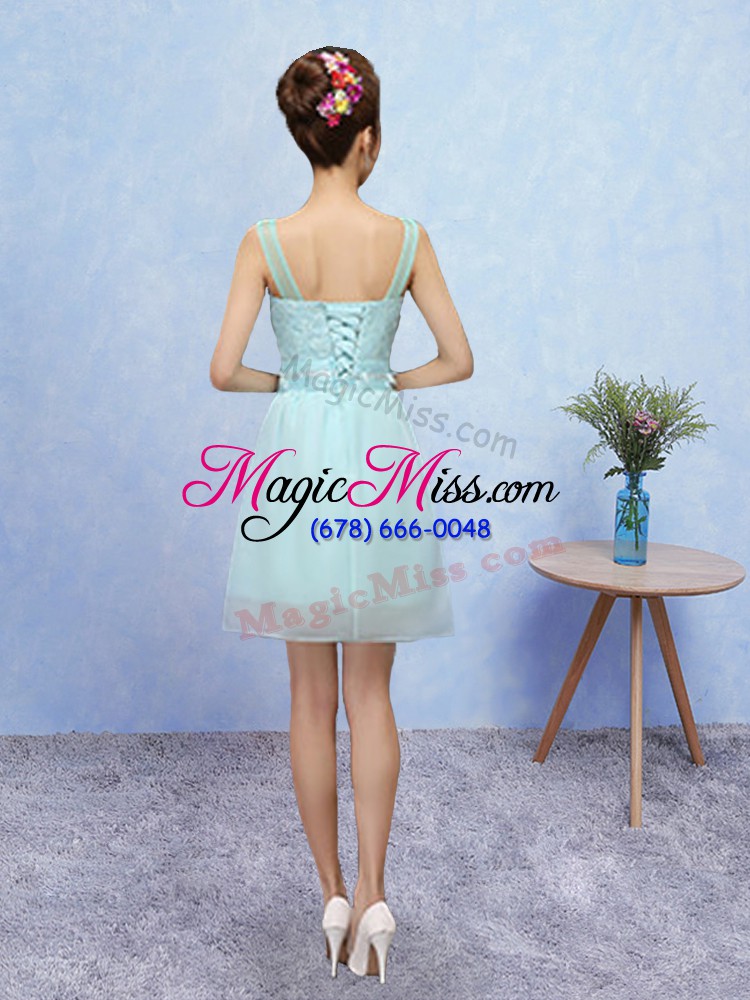 wholesale aqua blue a-line straps sleeveless tulle mini length lace up appliques wedding guest dresses