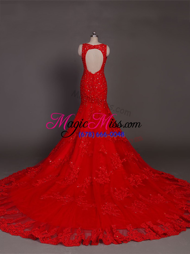 wholesale designer red evening dress lace court train sleeveless beading and lace and appliques