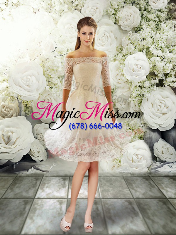 wholesale modest white clasp handle off the shoulder lace wedding dress tulle half sleeves court train