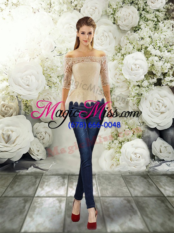 wholesale modest white clasp handle off the shoulder lace wedding dress tulle half sleeves court train