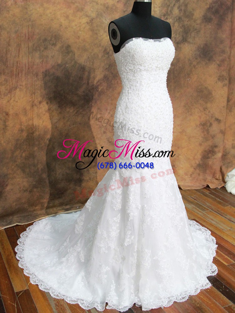 wholesale sophisticated lace bridal gown white lace up sleeveless brush train