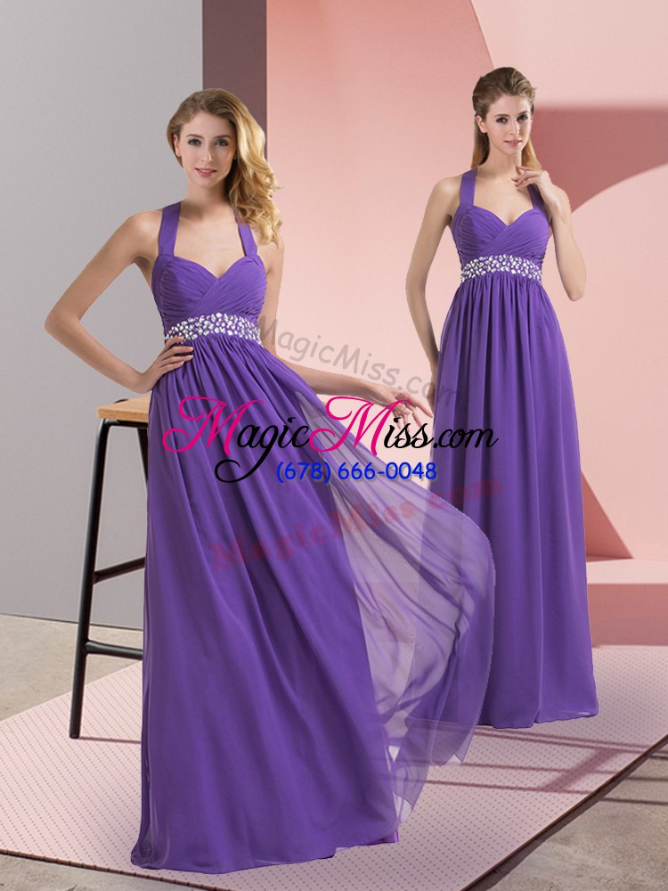 wholesale luxurious chiffon halter top sleeveless side zipper beading and ruching prom gown in purple