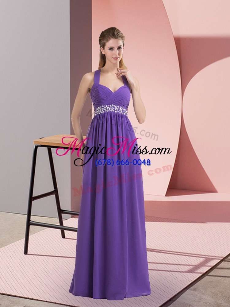 wholesale luxurious chiffon halter top sleeveless side zipper beading and ruching prom gown in purple