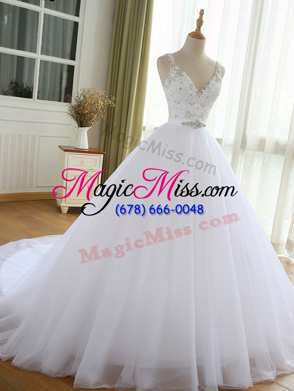 wholesale wonderful white tulle lace up v-neck sleeveless wedding gown court train beading and lace and appliques