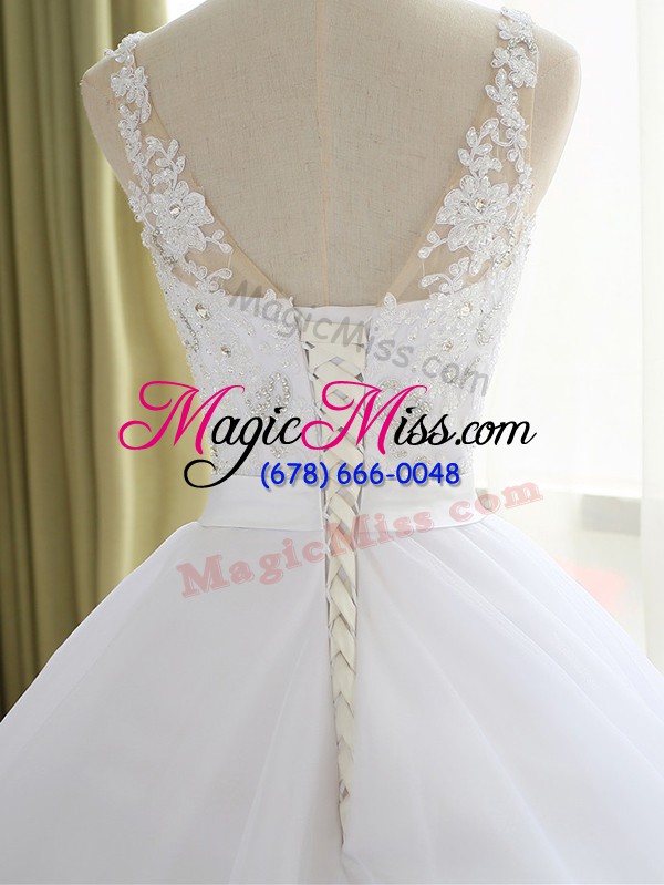 wholesale wonderful white tulle lace up v-neck sleeveless wedding gown court train beading and lace and appliques