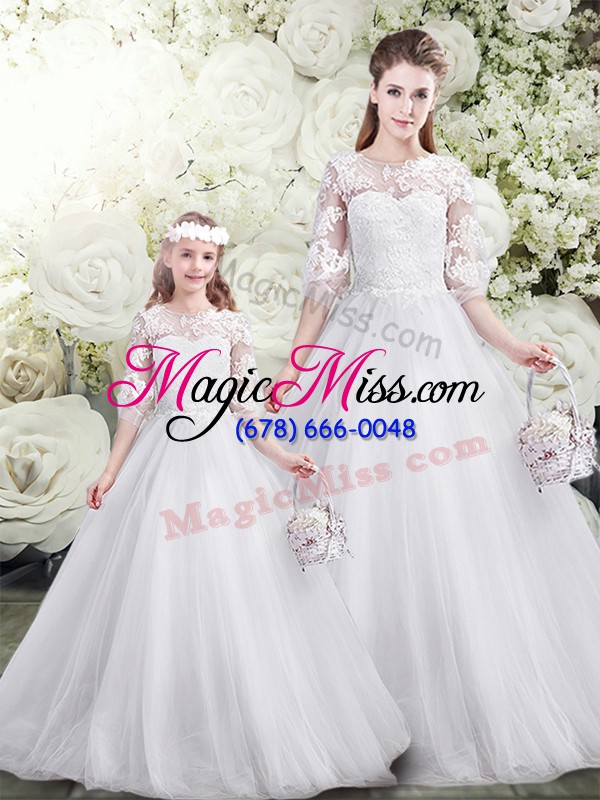 wholesale half sleeves tulle brush train lace up 15th birthday dress in white with lace