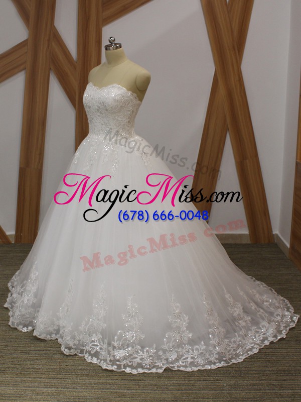 wholesale smart white lace up bridal gown lace and appliques sleeveless brush train
