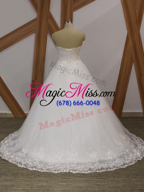 wholesale smart white lace up bridal gown lace and appliques sleeveless brush train