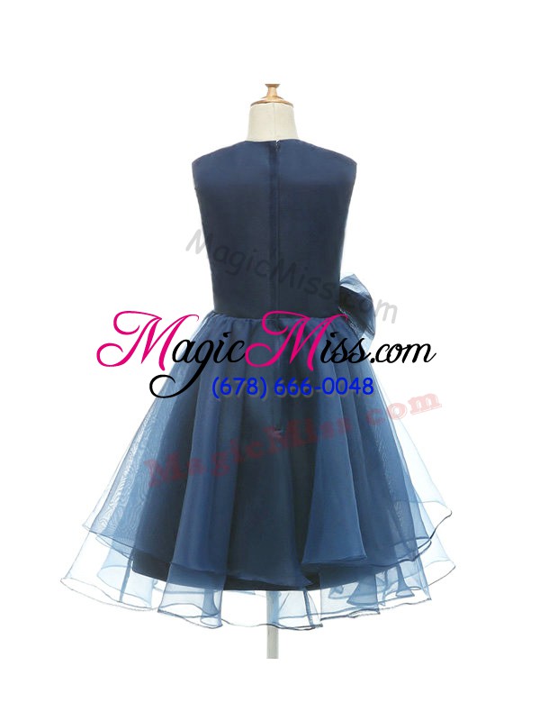 wholesale knee length zipper toddler flower girl dress navy blue for wedding party with beading and bowknot