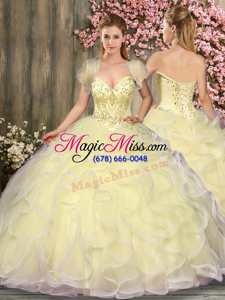 wholesale floor length lace up 15th birthday dress light yellow for military ball and sweet 16 and quinceanera with beading and ruffles