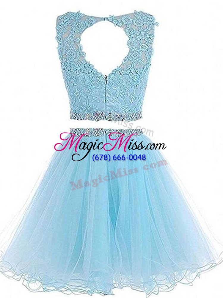 wholesale affordable royal blue two pieces tulle scoop sleeveless beading and lace and appliques mini length zipper prom dresses