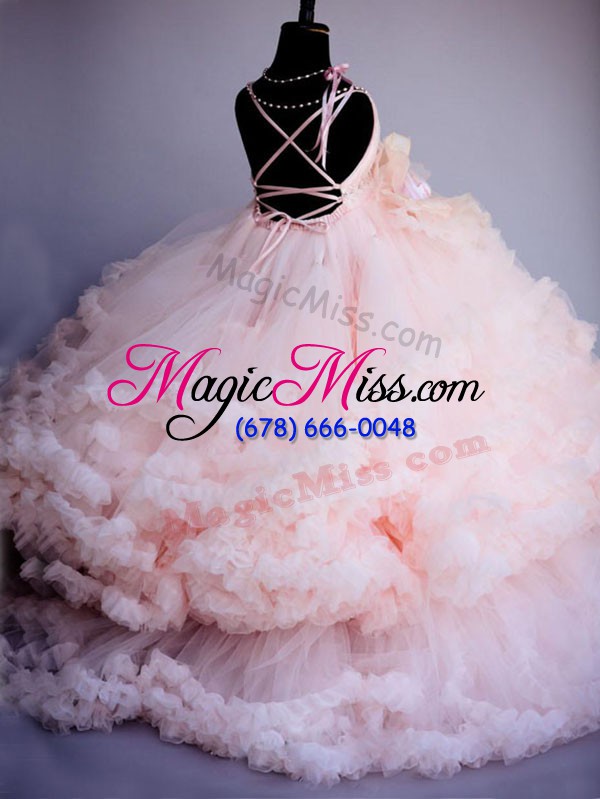 wholesale customized baby pink criss cross spaghetti straps ruffles and hand made flower little girl pageant dress tulle sleeveless brush train