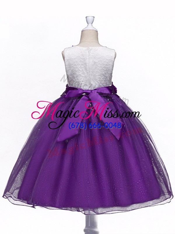 wholesale fashionable sleeveless organza knee length zipper kids pageant dress in purple with lace and hand made flower