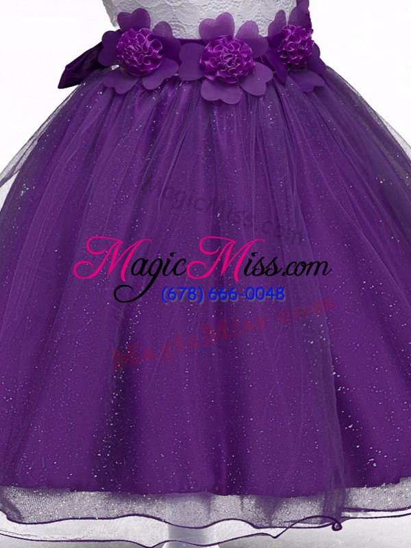 wholesale fashionable sleeveless organza knee length zipper kids pageant dress in purple with lace and hand made flower