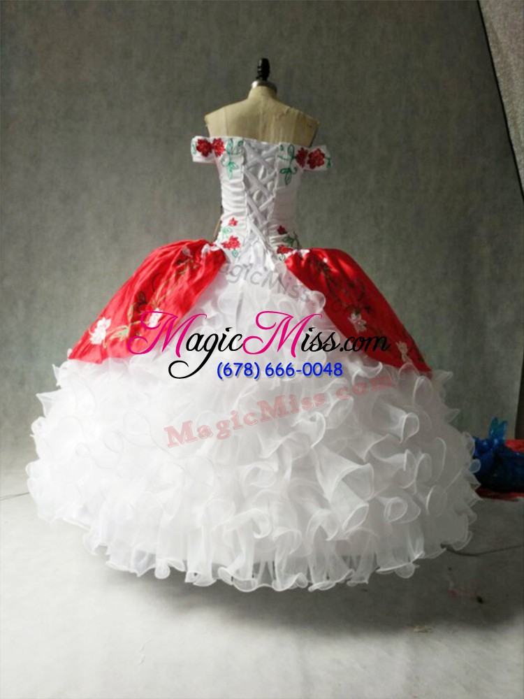 wholesale exceptional white and red ball gowns embroidery and ruffles 15th birthday dress lace up organza and taffeta cap sleeves floor length