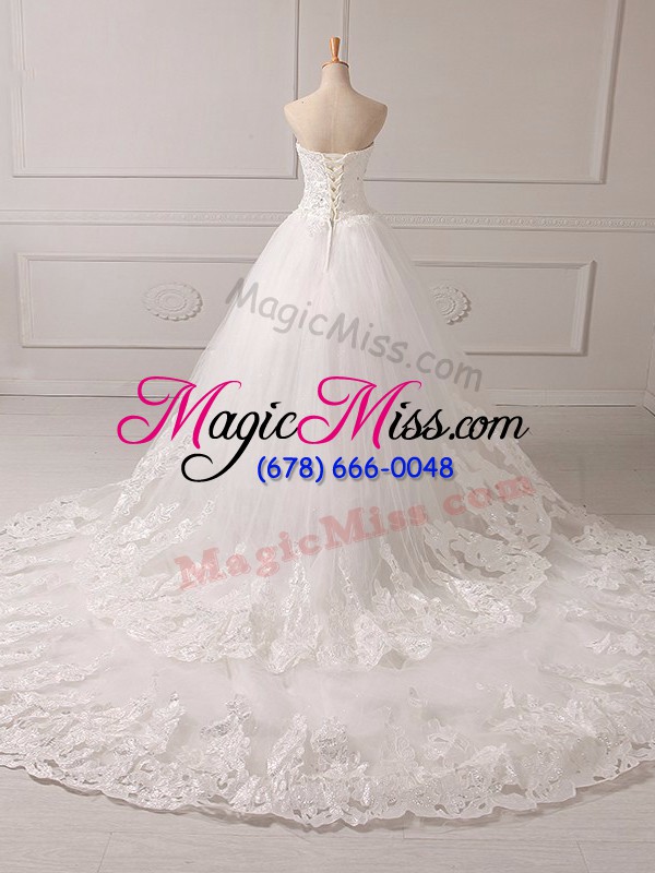 wholesale sleeveless tulle brush train lace up wedding gown in white with lace and appliques