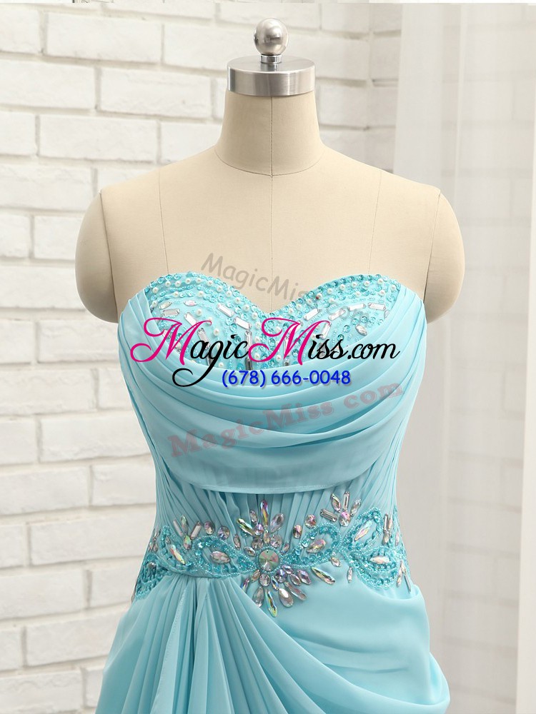 wholesale sweet baby blue chiffon zipper sweetheart sleeveless floor length prom party dress beading and ruching