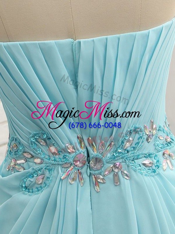 wholesale sweet baby blue chiffon zipper sweetheart sleeveless floor length prom party dress beading and ruching