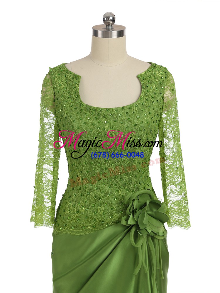 wholesale floor length zipper mother of the bride dress olive green for prom and military ball and sweet 16 with lace and appliques and hand made flower