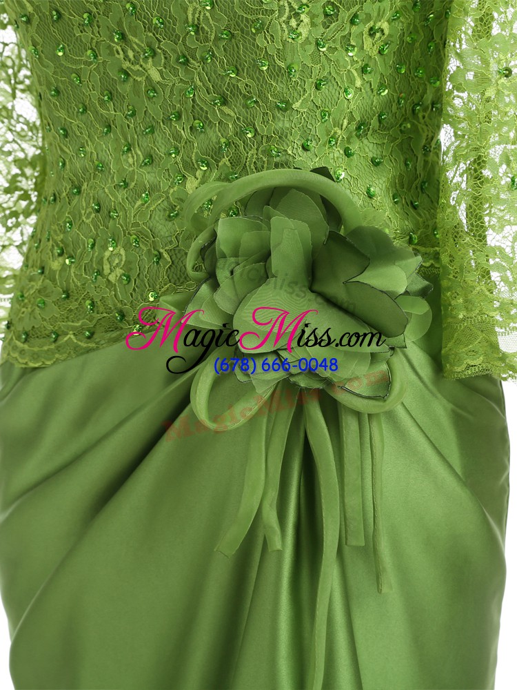 wholesale floor length zipper mother of the bride dress olive green for prom and military ball and sweet 16 with lace and appliques and hand made flower