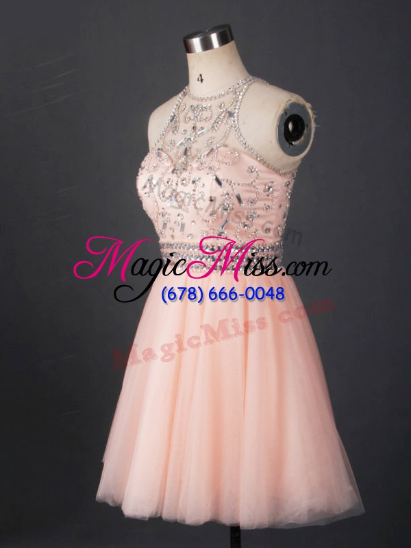 wholesale high class peach a-line scoop sleeveless tulle mini length lace up beading homecoming dress