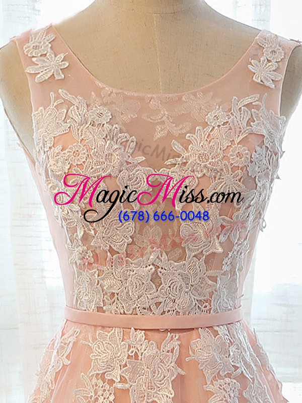 wholesale cute peach a-line tulle scoop sleeveless appliques floor length lace up prom gown