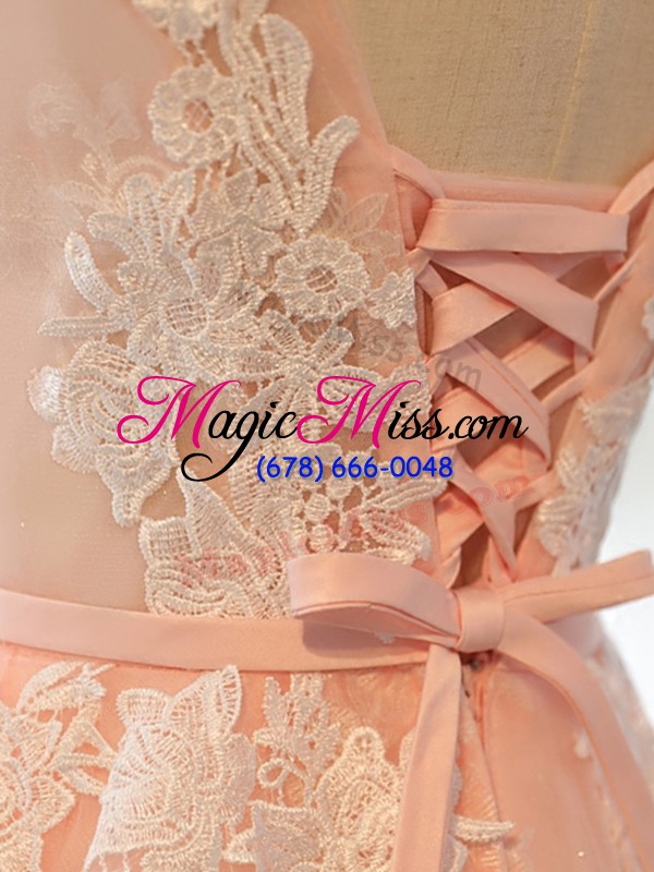 wholesale cute peach a-line tulle scoop sleeveless appliques floor length lace up prom gown