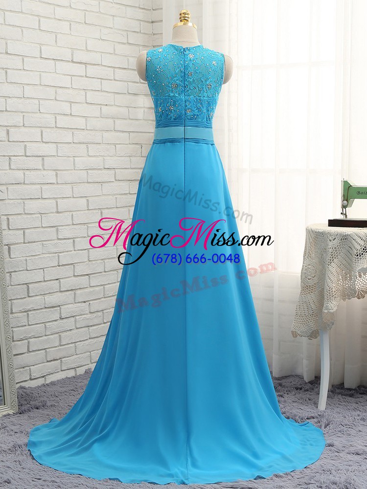 wholesale glittering baby blue wedding party dress chiffon brush train sleeveless beading and lace