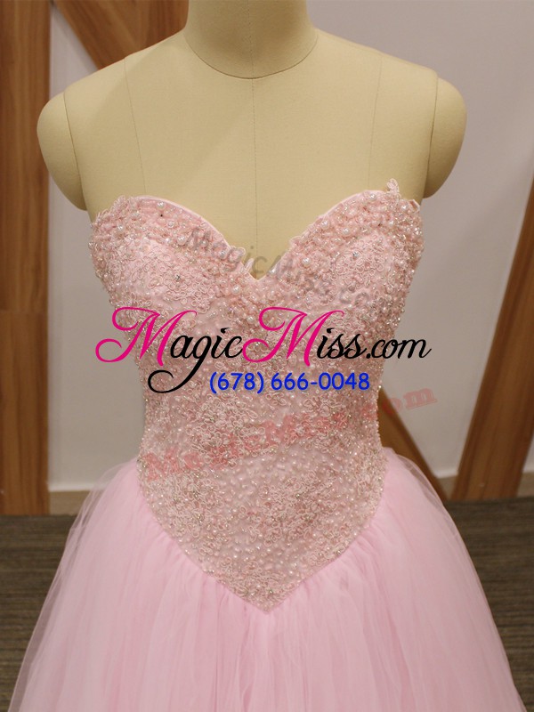 wholesale baby pink sweetheart lace up beading dress for prom sleeveless