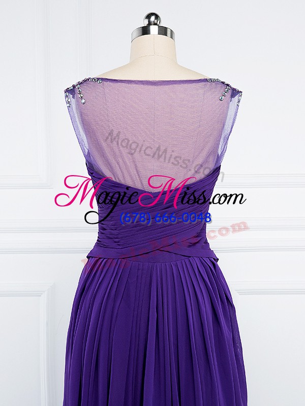 wholesale popular v-neck sleeveless chiffon prom gown beading and ruching side zipper