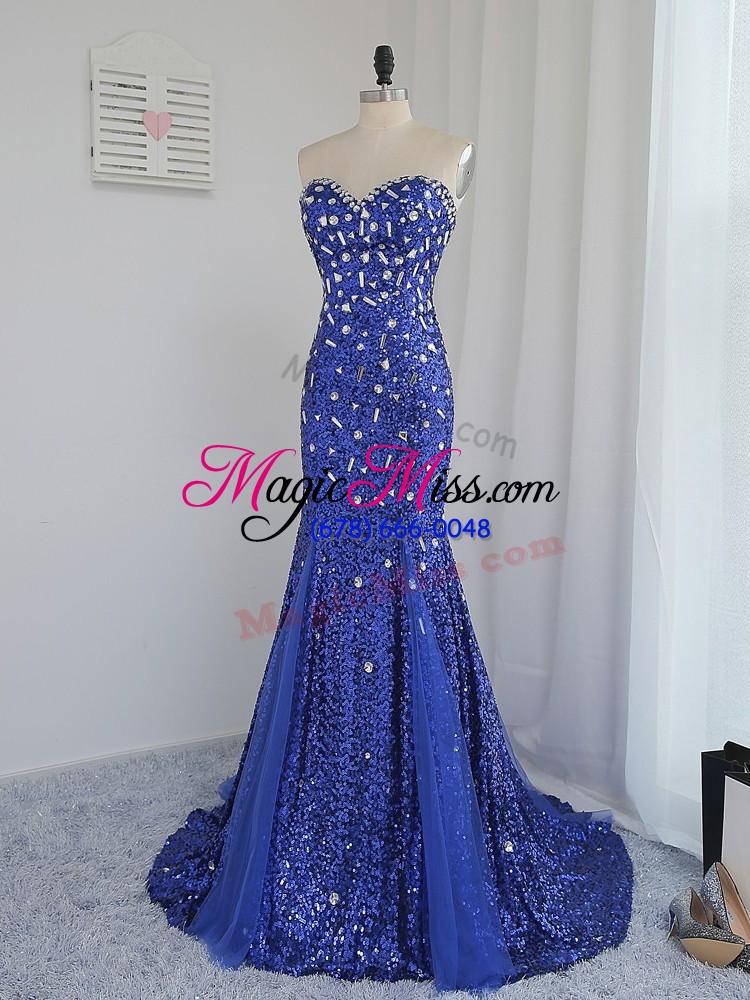 wholesale royal blue zipper sweetheart beading and sequins evening dresses tulle and sequined sleeveless brush train