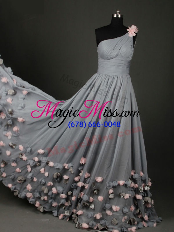 wholesale fancy grey a-line one shoulder sleeveless chiffon floor length backless pleated and belt and hand made flower prom party dress