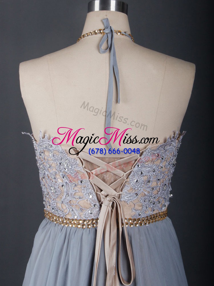 wholesale enchanting grey chiffon lace up prom dress sleeveless brush train beading and appliques