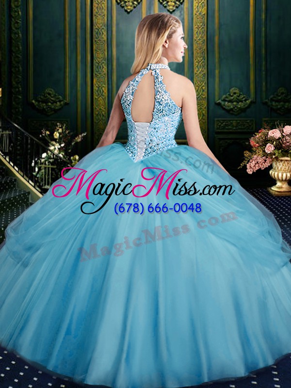 wholesale tulle halter top sleeveless lace up beading and pick ups quince ball gowns in aqua blue
