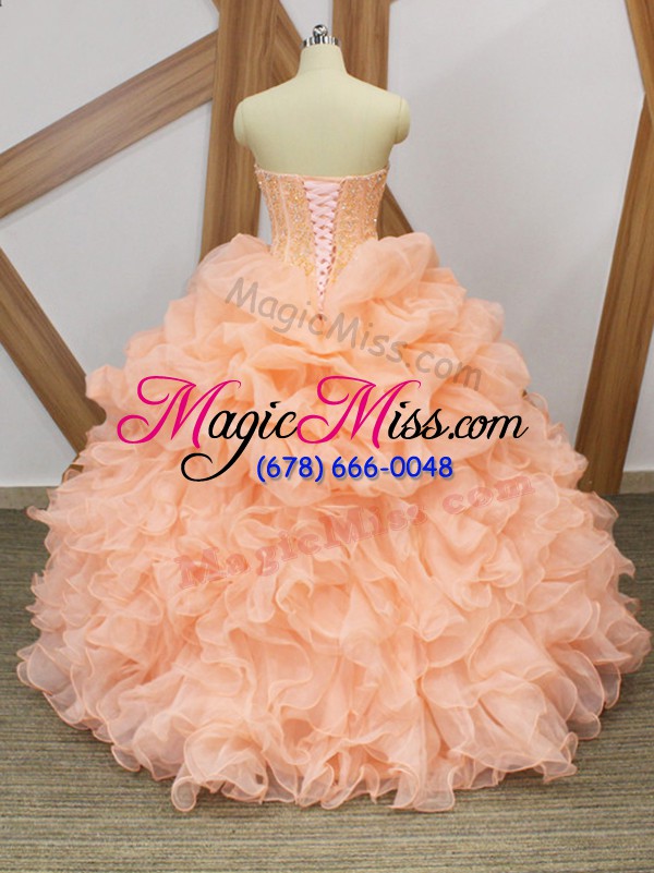 wholesale beauteous sweetheart sleeveless sweep train lace up quinceanera gowns peach organza