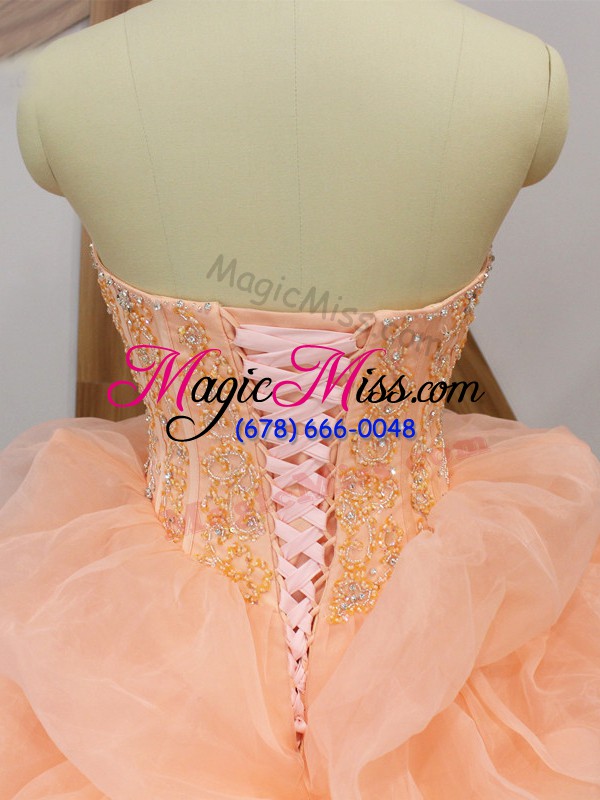 wholesale beauteous sweetheart sleeveless sweep train lace up quinceanera gowns peach organza
