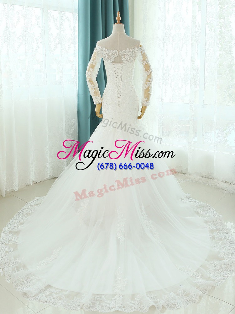wholesale enchanting white sleeveless tulle court train lace up wedding gowns for beach and wedding party
