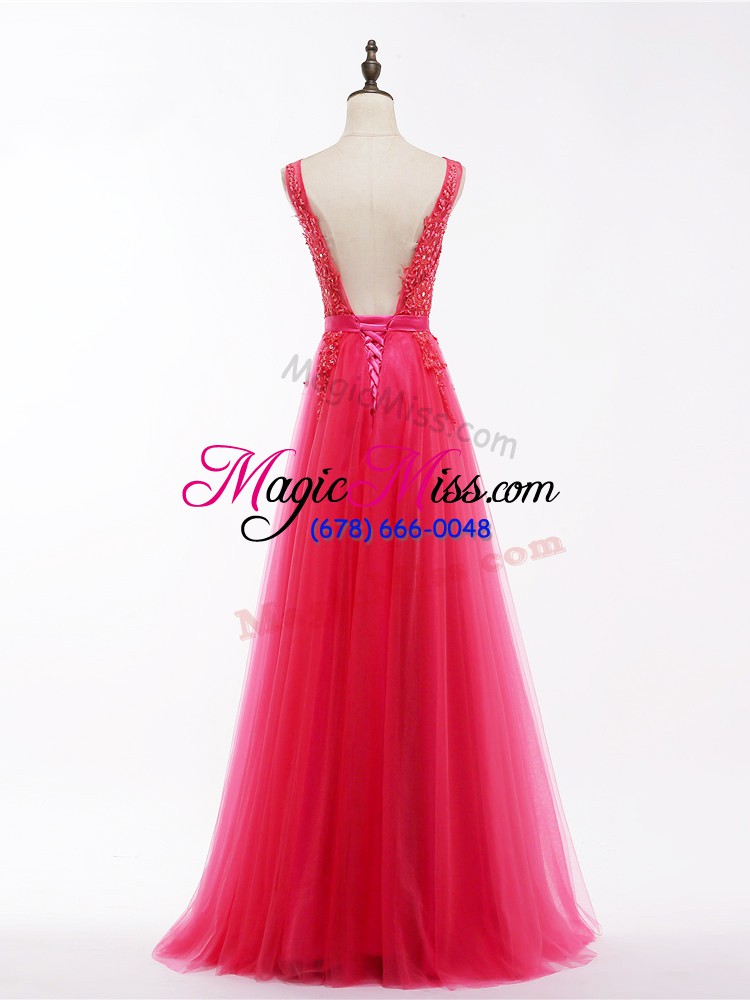wholesale great coral red v-neck backless lace and appliques evening dresses sleeveless