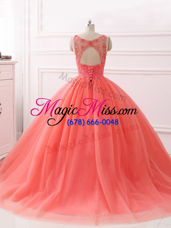 wholesale best coral red sleeveless brush train beading and lace quinceanera dresses
