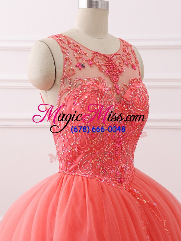 wholesale best coral red sleeveless brush train beading and lace quinceanera dresses