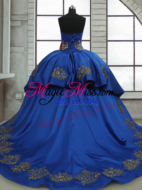 wholesale nice sleeveless beading and appliques lace up sweet 16 quinceanera dress with royal blue sweep train