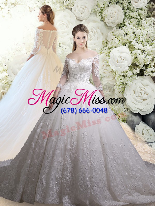 wholesale wonderful white 3 4 length sleeve lace zipper bridal gown