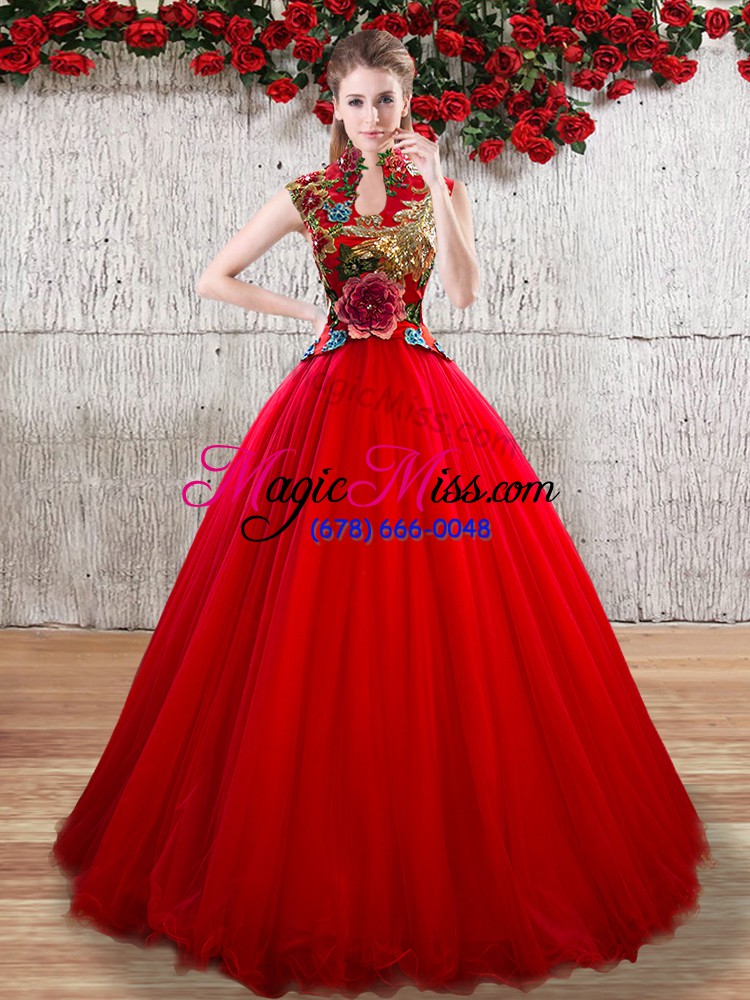 wholesale floor length red quinceanera dresses high-neck short sleeves lace up